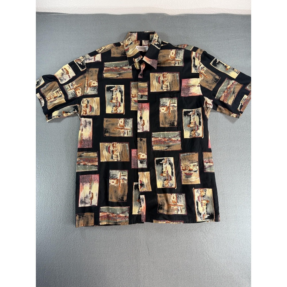 Tuttle‎ Golf Collection Shirt Mens L Black Scenic Print Button Up Made Italy
